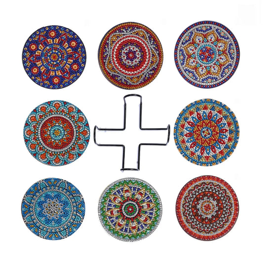 🌈 8pc Mandala Bohemian Style Diamond Painting Coaster Set with Stand - AA1161 🌈