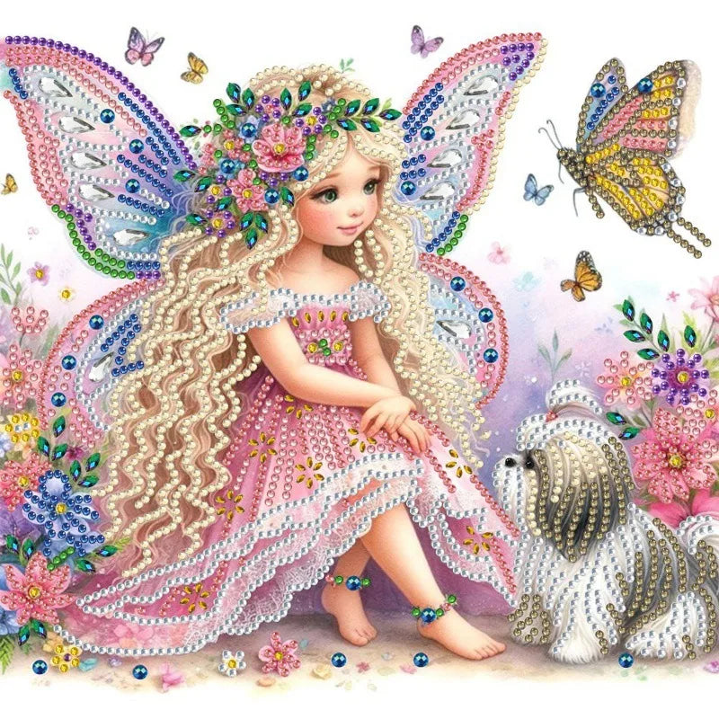🌸 30*30 Pink Fairy Dog & Butterfly Scene Diamond Painting Kit - AB242 🌸