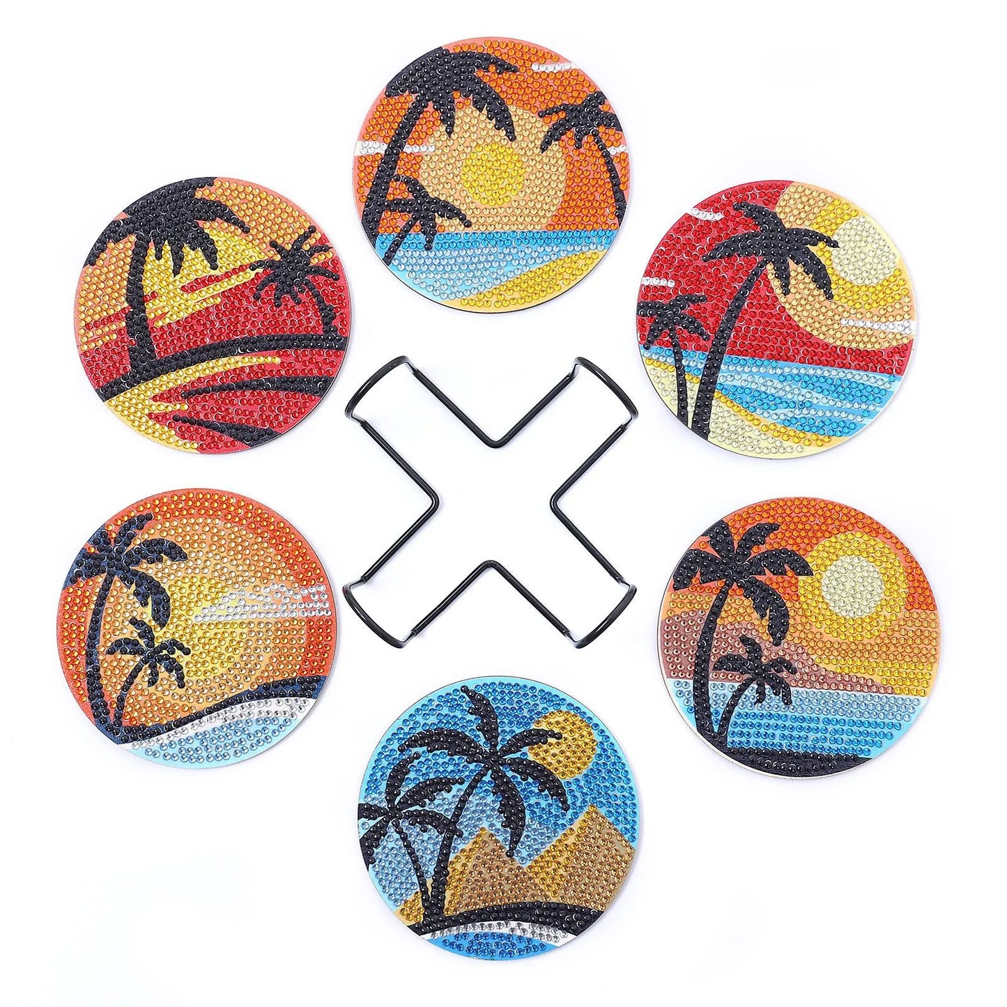 🌴 6pc Sunset Palm Trees Diamond Painting Coaster Set with Stand - AA1180 🌴