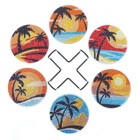 🌴 6pc Sunset Palm Trees Diamond Painting Coaster Set with Stand - AA1180 🌴