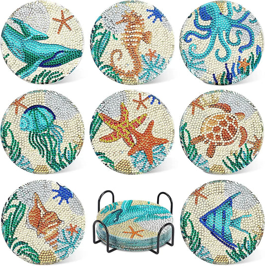 🐠 8pc Under the Sea Diamond Painting Coaster Set with Stand - AA1087 🐠