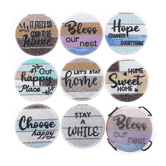 🏡 8pc Home Quotes Diamond Painting Coaster Set with Stand - AA1127 🏡