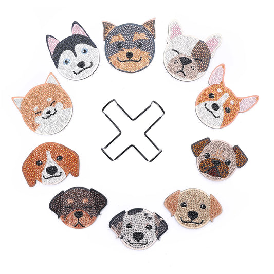 🐶 10pc Dogs Diamond Painting Coaster Set with Stand - AA1158 🐶