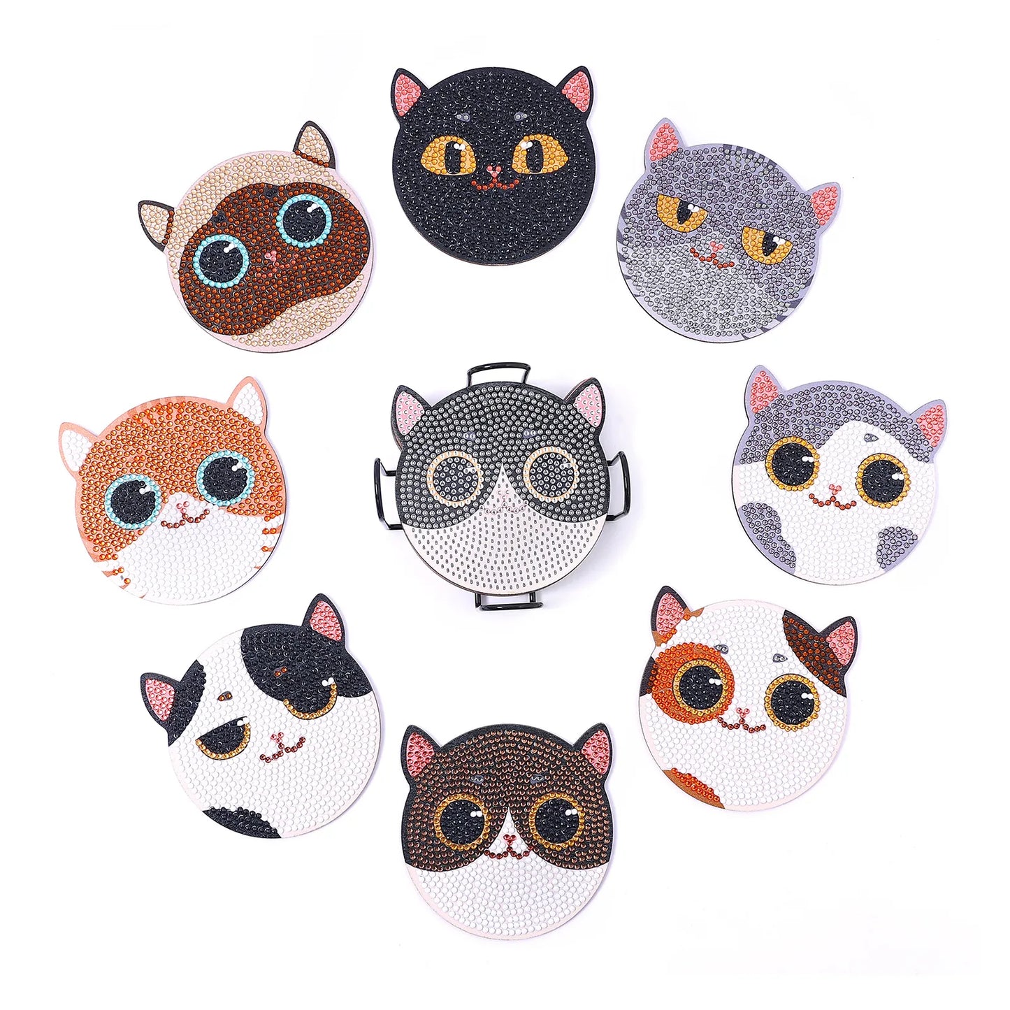 🐱 8pc Cats Diamond Painting Coaster Set with Stand - AA1144 🐱