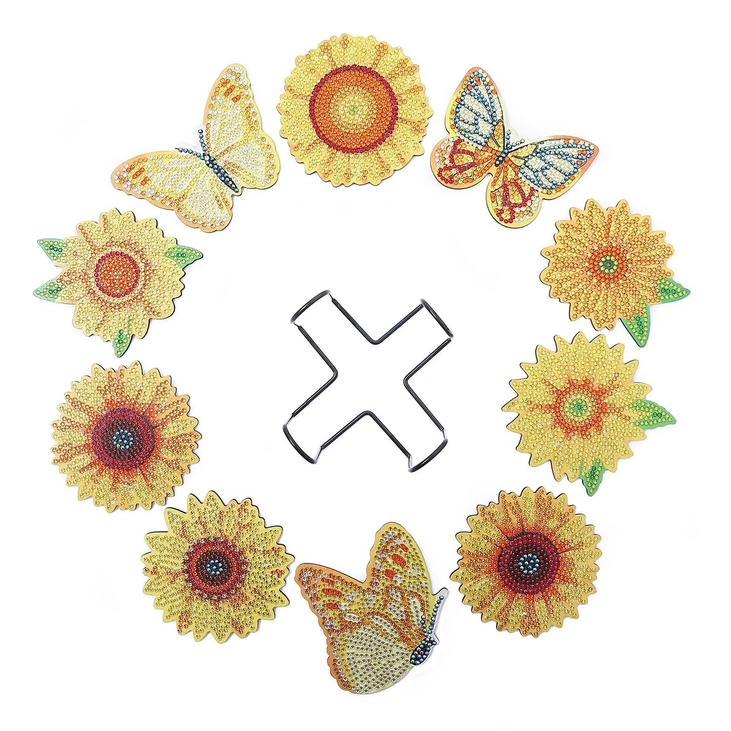 💛 10pc Yellow Butterfly & Flowers Diamond Painting Coaster Set with Stand  - AA1168 💛