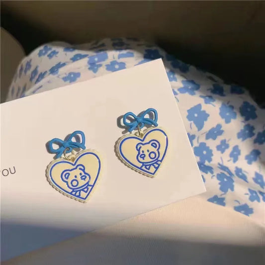 💙 Heart & Blue Bear Cute Earrings 🐻