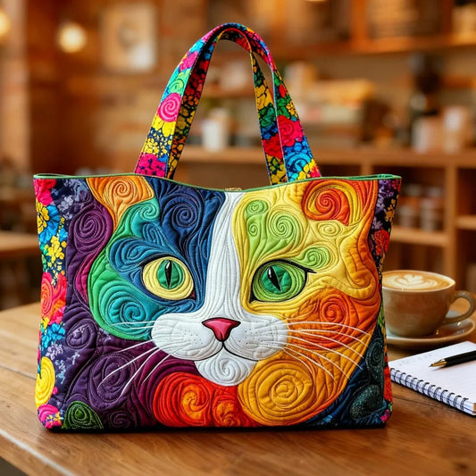 🐱🌈 Rainbow Cat Design Quilted Embroidered Tote Bag - 118|G322 🌈🐱