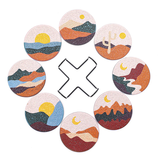 🏜️ 8pc Desert-Themed Scenes Diamond Painting Coaster Set with Stand - AA1175 🏜️