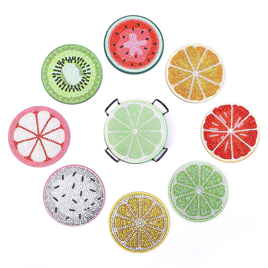 🍉 8pc Fruit-Themed Diamond Painting Coaster Set with Stand - AA1145 🍉