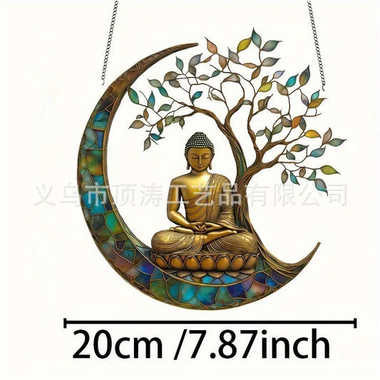 🌙 20*20 Buddha on Crescent Moon With Tree 2D Acrylic Suncatcher 🌙