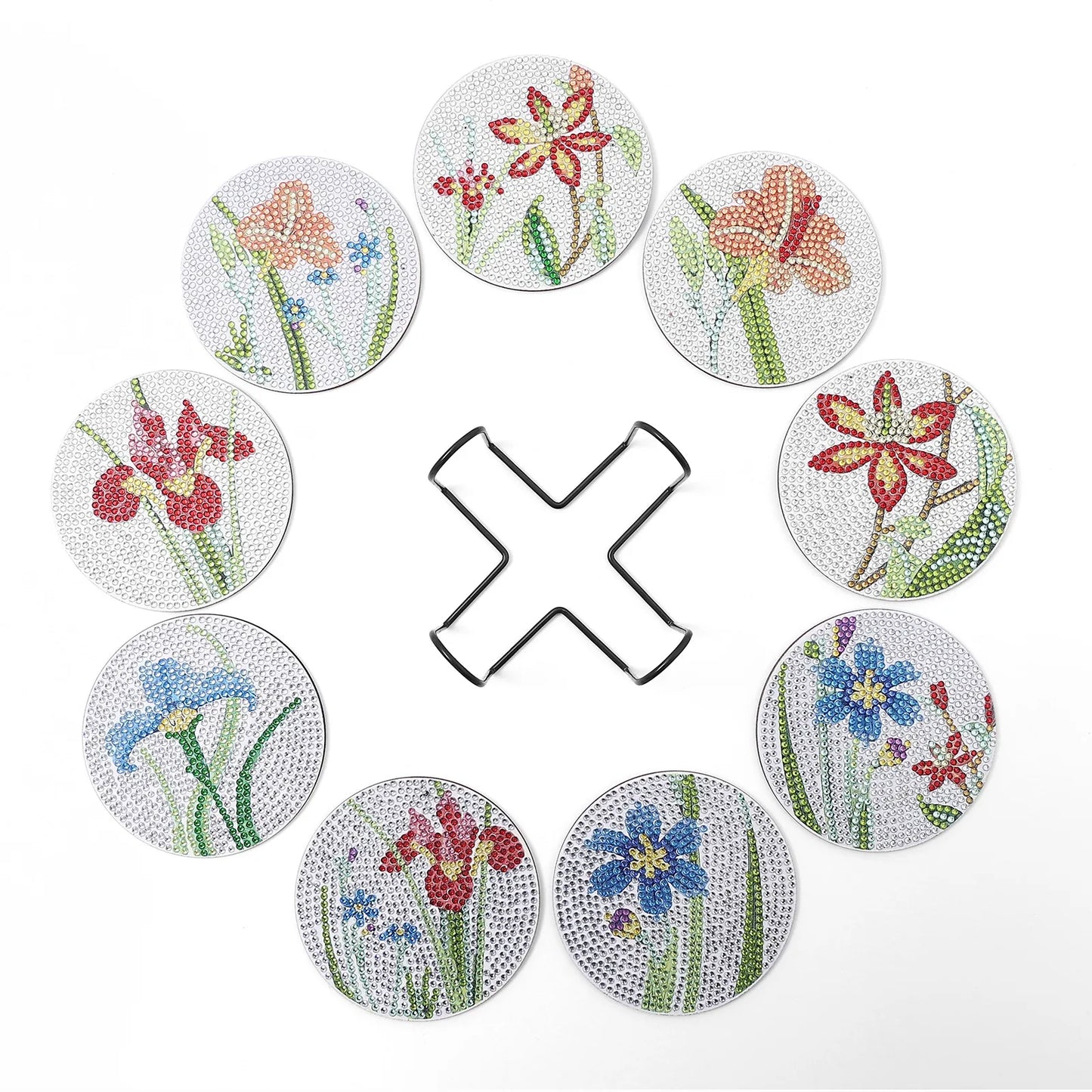 🌷 9pc Silver Background Flowers Diamond Painting Coaster Set with Stand - AA1177 🌷