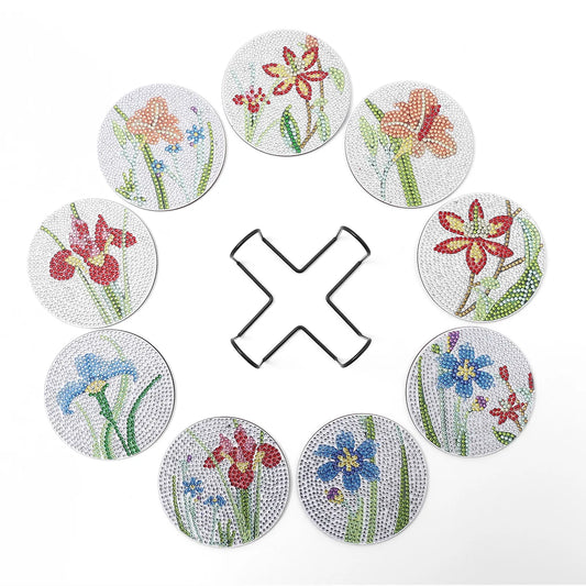🌷 9pc Silver Background Flowers Diamond Painting Coaster Set with Stand - AA1177 🌷