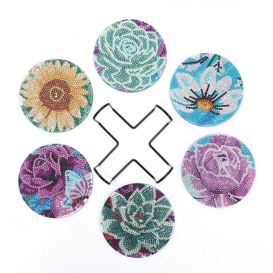 🌼 6pc Flowers Diamond Painting Coaster Set with Stand - AA1178 🌼