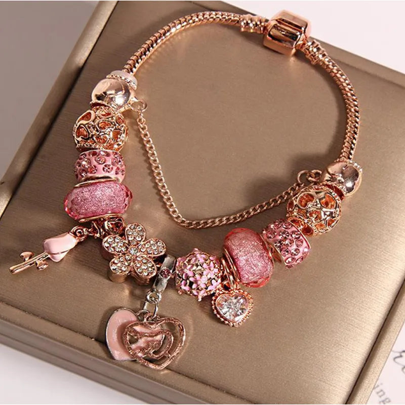 🌸🍑 Pink Rose & Peach Heart Crystal Fairy-Style Bracelet 💗🍑
