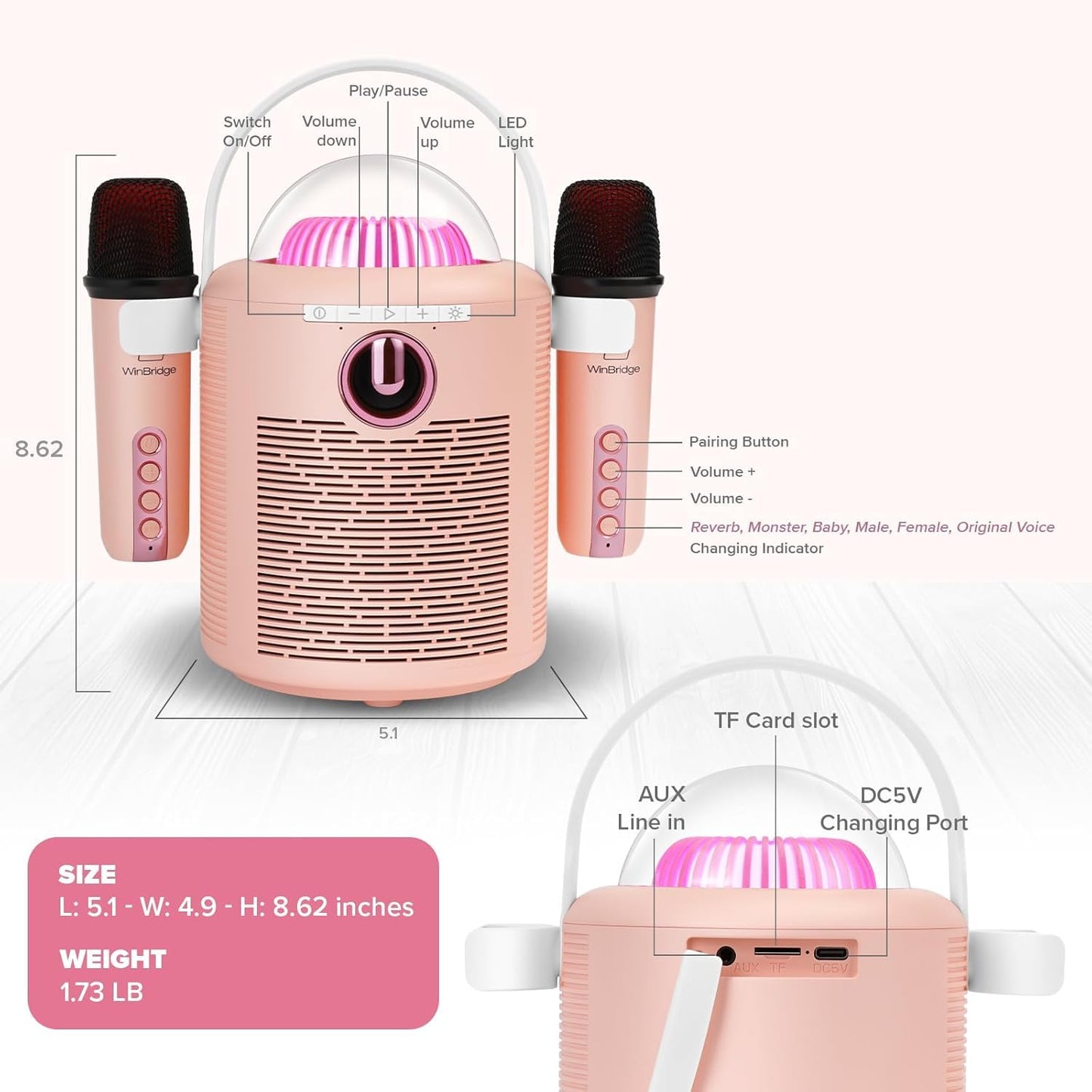 Portable Kids Karaoke Machine with 2 Microphones, Voice Effects & LED Light