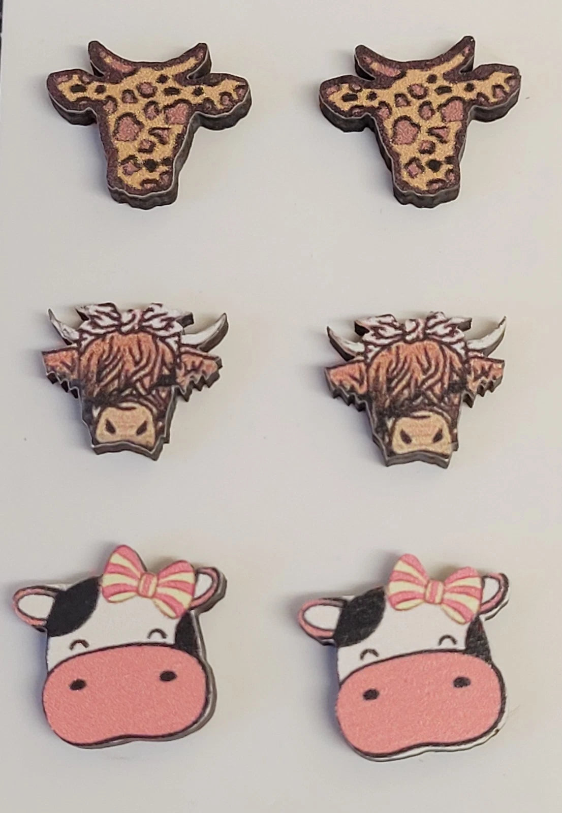 🐮 Three Pairs of Cute Highland Cow Wooden Stud Earrings 🐮
