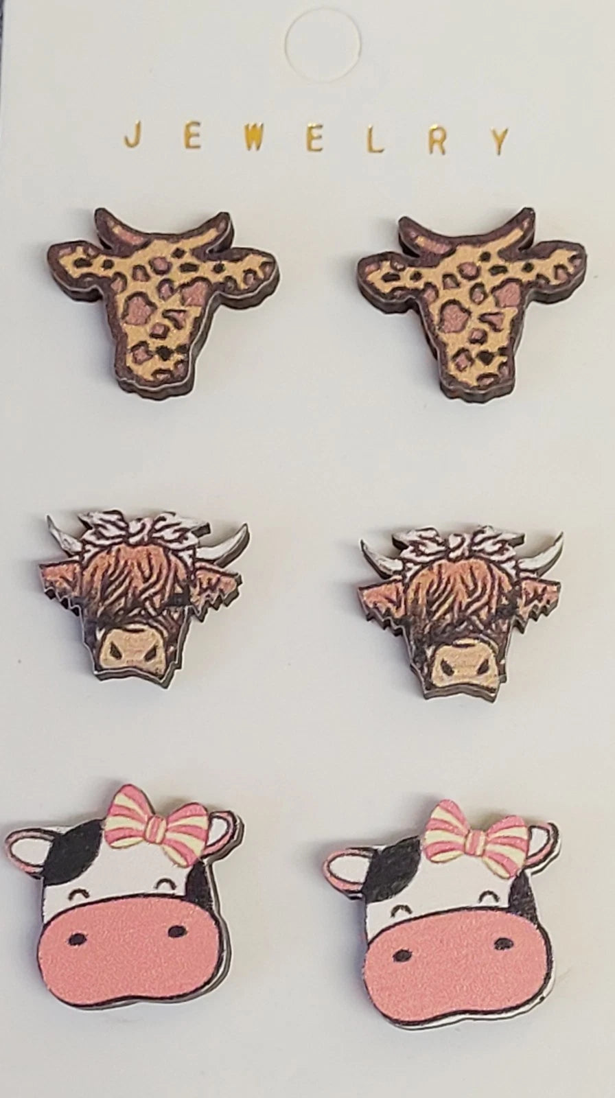 🐮 Three Pairs of Cute Highland Cow Wooden Stud Earrings 🐮