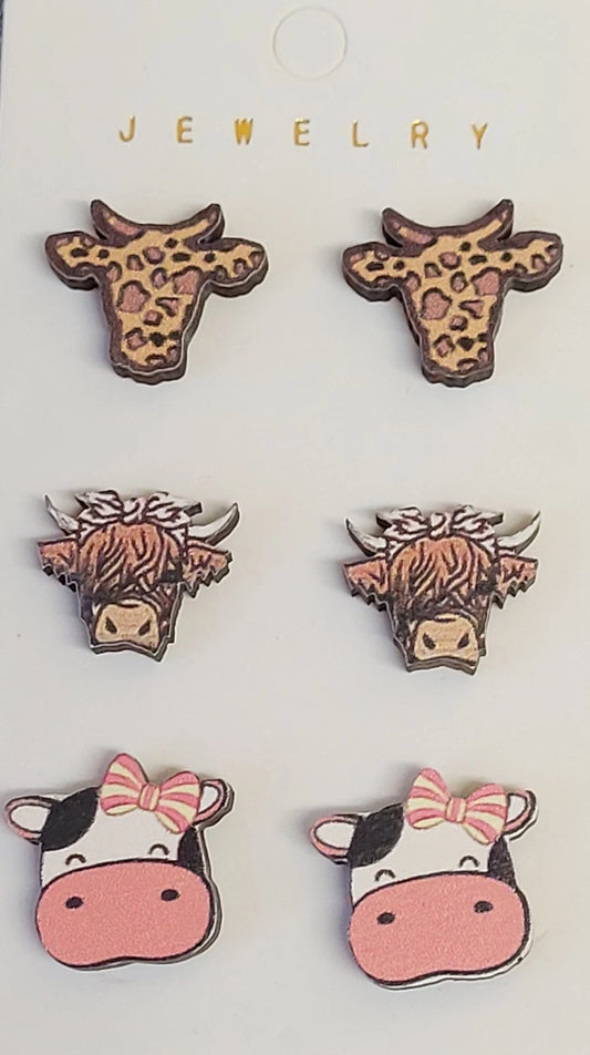 🐮 Three Pairs of Cute Highland Cow Wooden Stud Earrings 🐮
