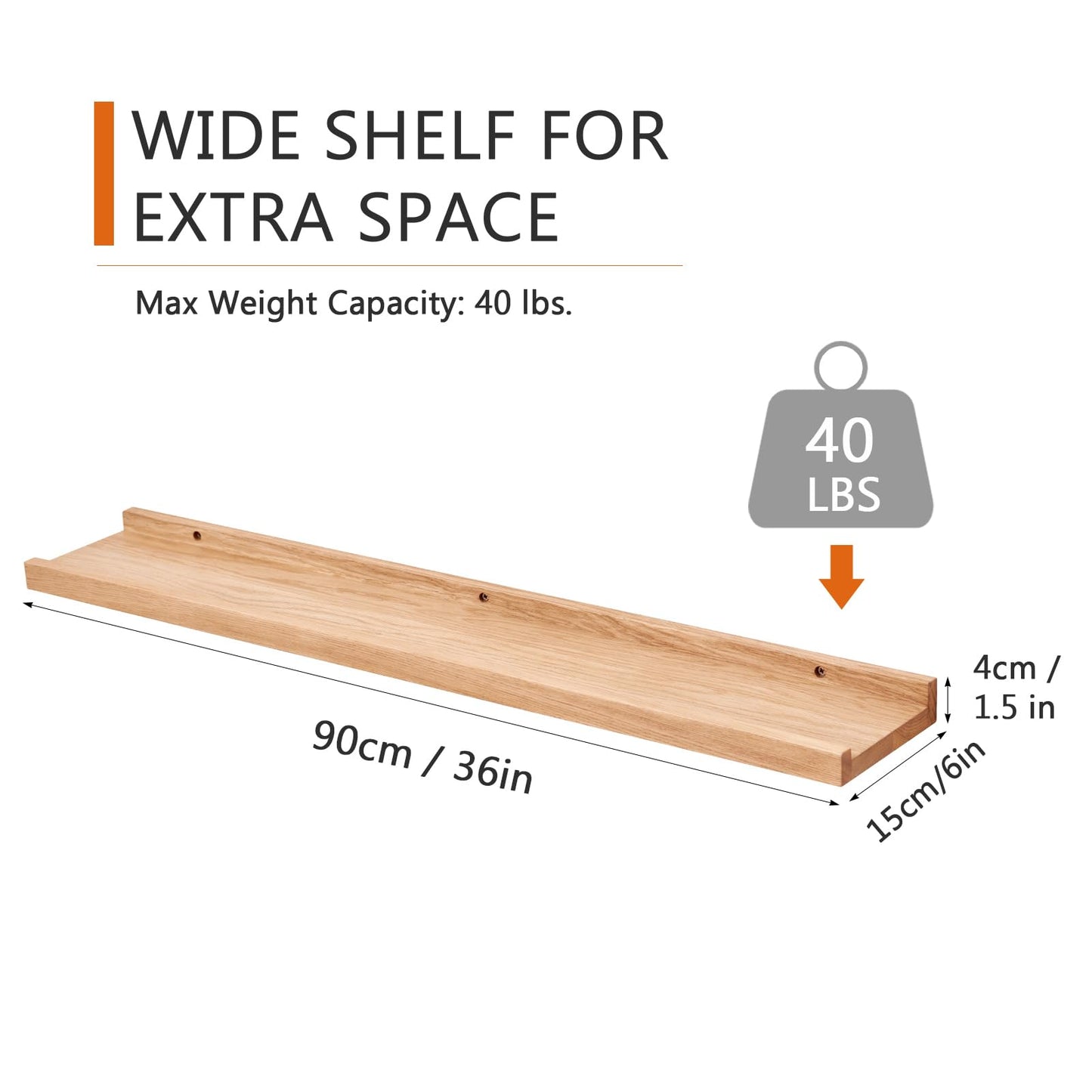 Elegant 90cm Solid Oak Wooden Floating Wall Shelf