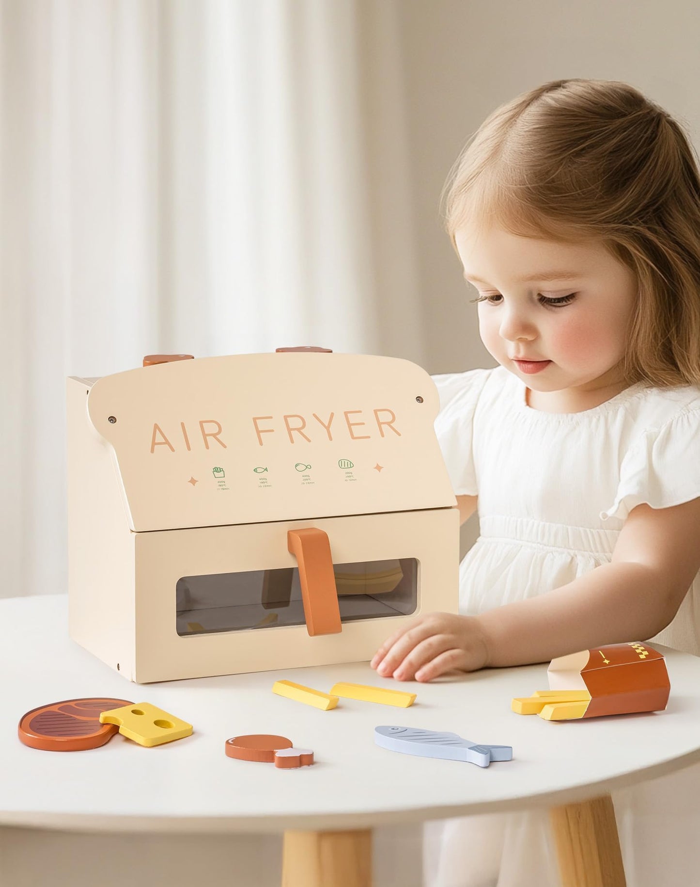 Wooden Play Kitchen Air Fryer Toy Set with Pretend Foods