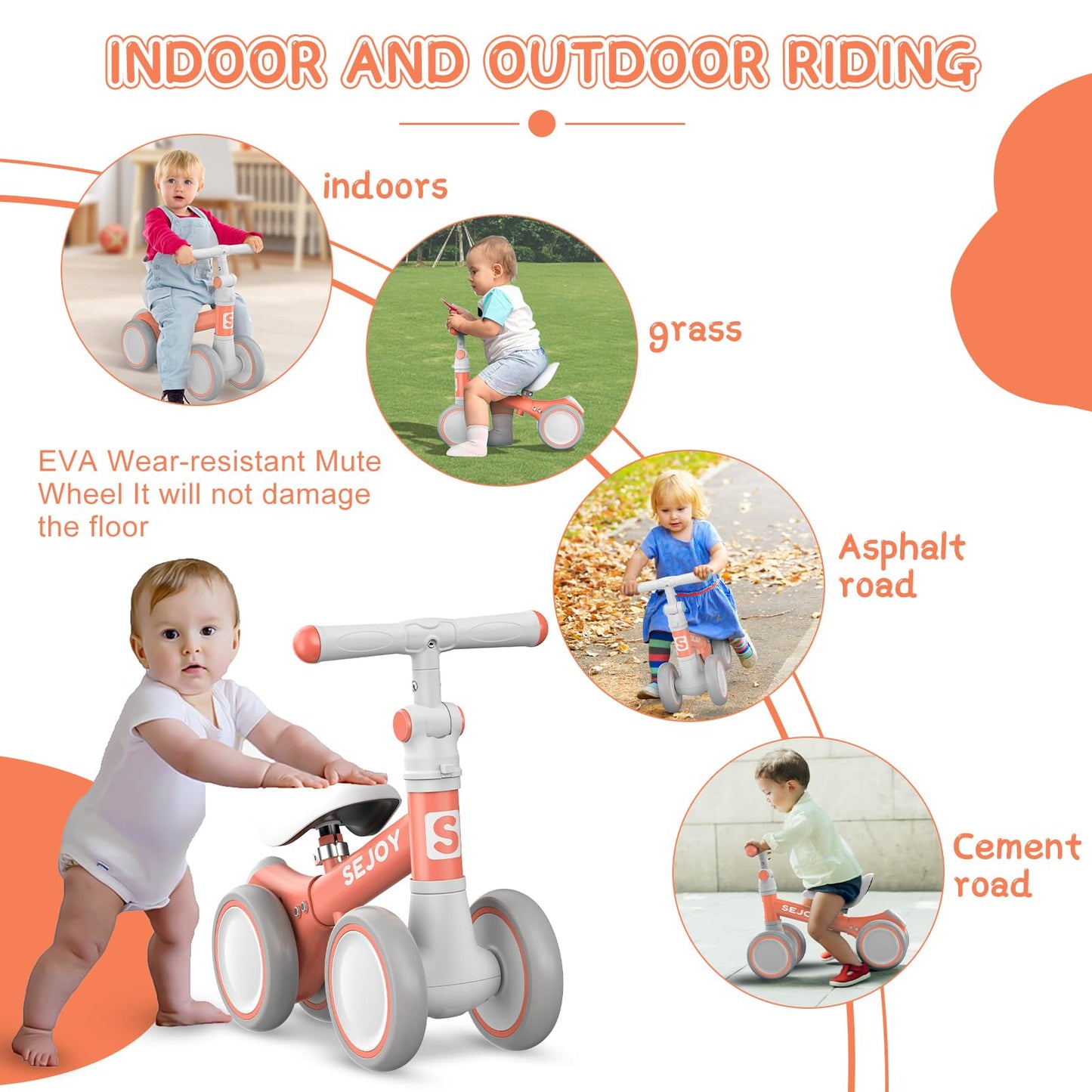 Pink Adjustable Baby Balance Bike with Seat and Handle