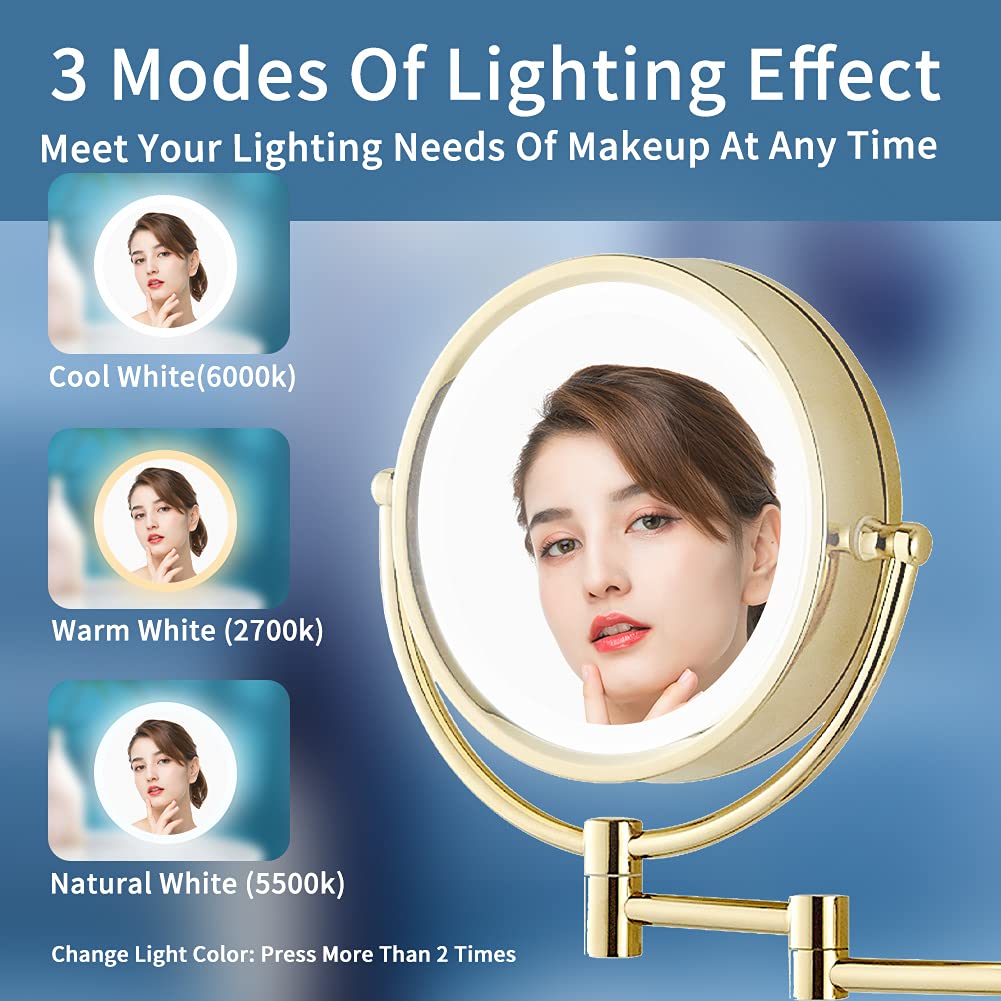 LED Wall Mounted Magnifying Makeup Mirror 360° Rotatable - Gold