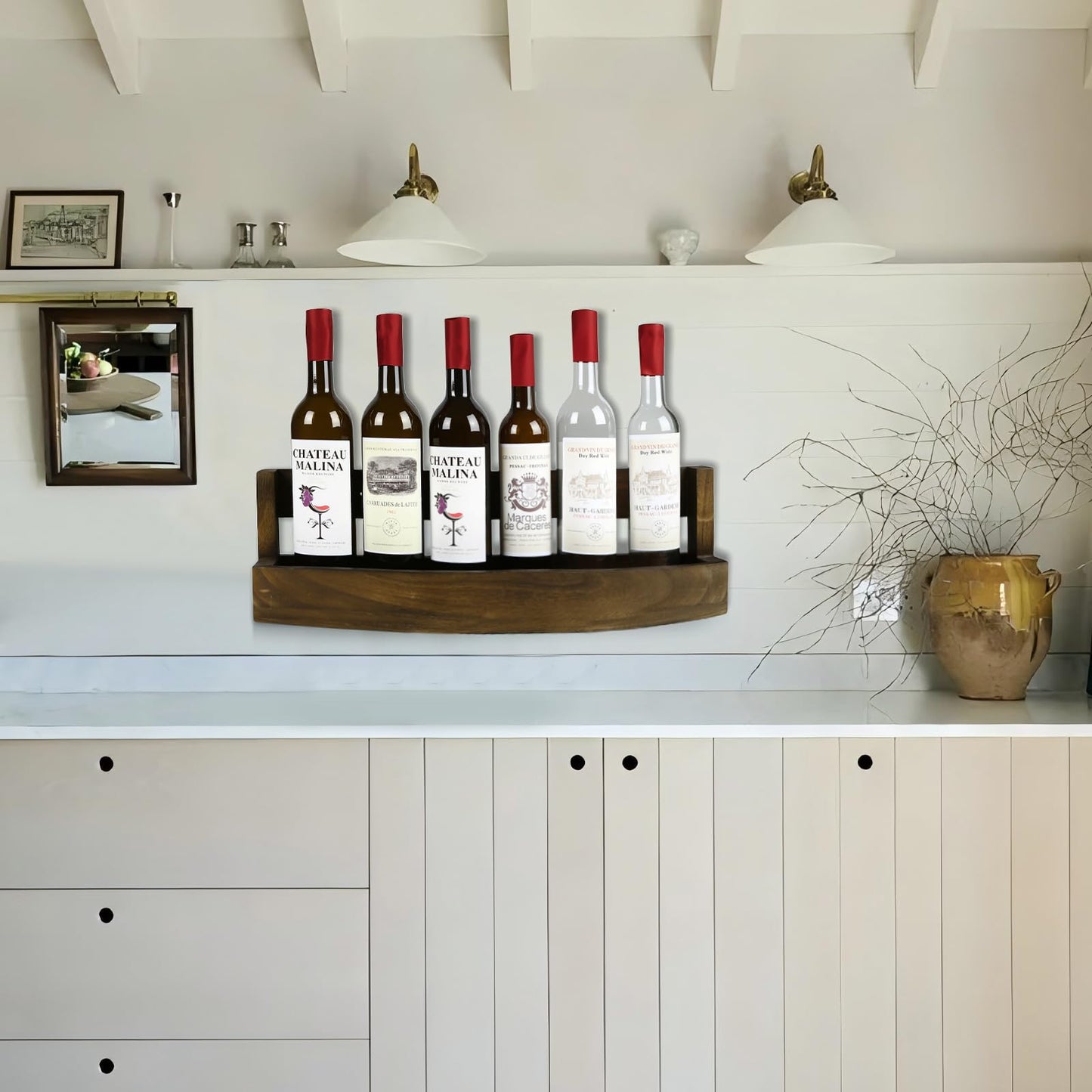 Wall Mounted Wooden Wine Rack Bottle Holder with Glass Shelf for 6 Bottles