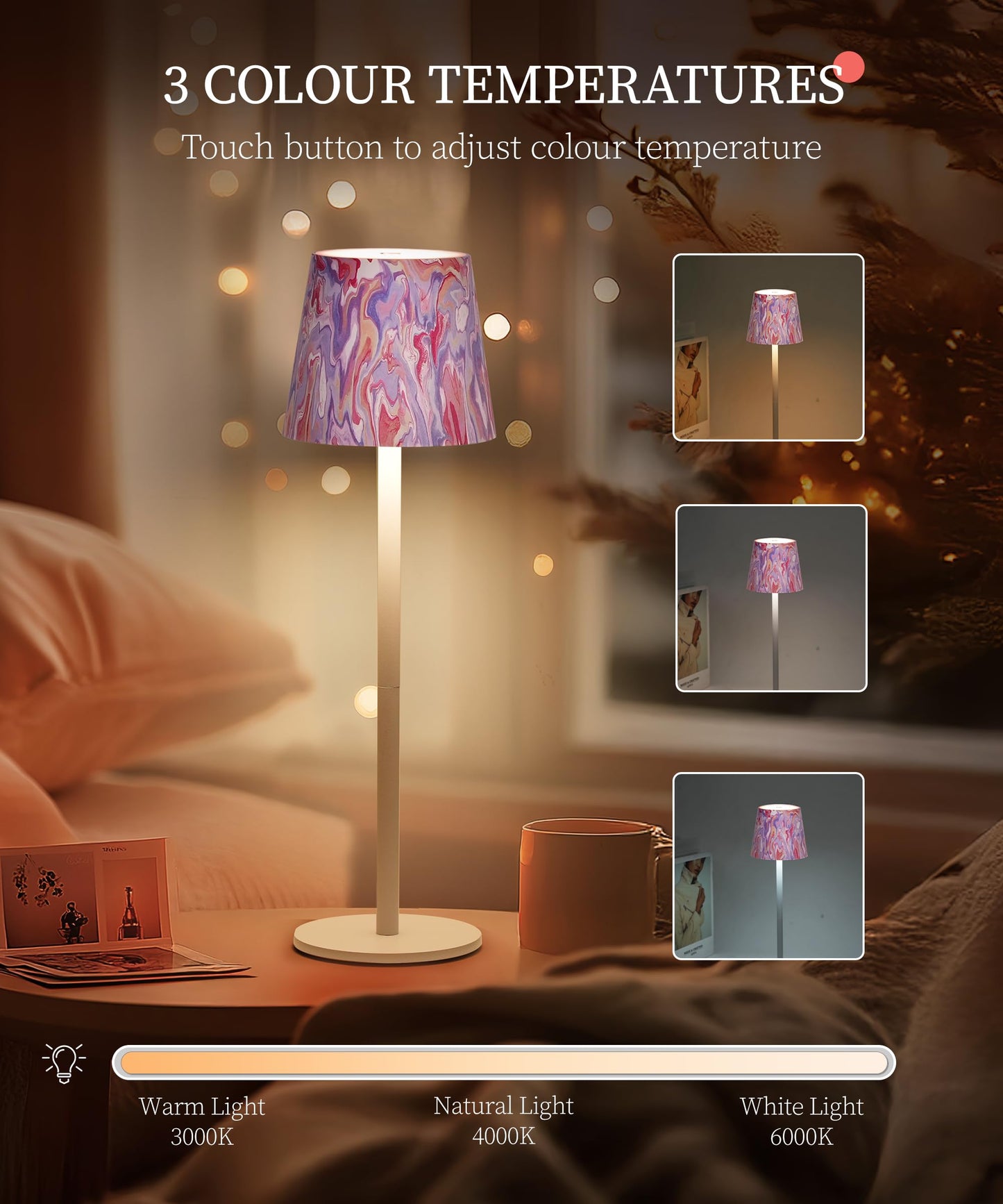 Cordless Table Lamp with 3-Colour Modes & Touch Control