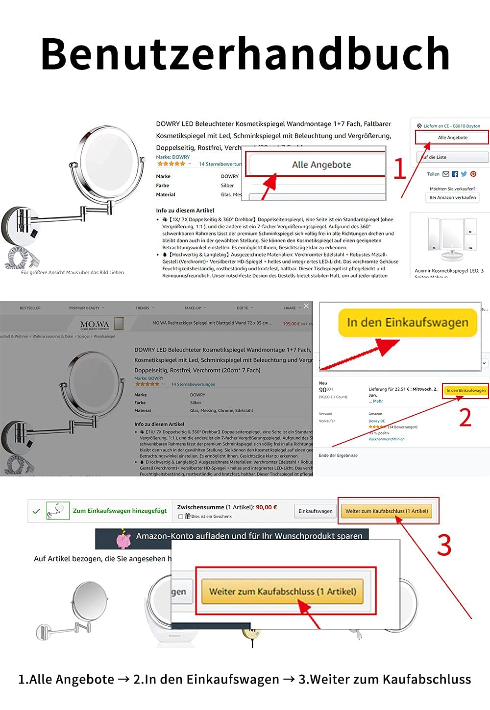 LED Wall Mounted Magnifying Makeup Mirror 360° Rotatable - Gold