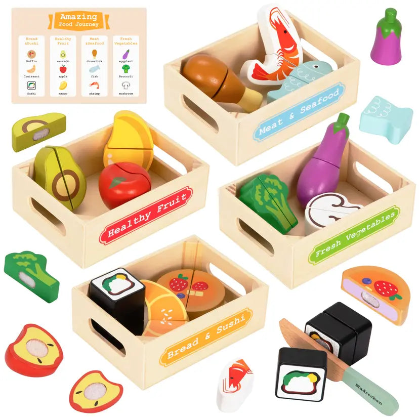 🍎🔪 Wooden Cutting Play Food Set – 12 Pieces with 4 Storage Boxes 🔪🍎