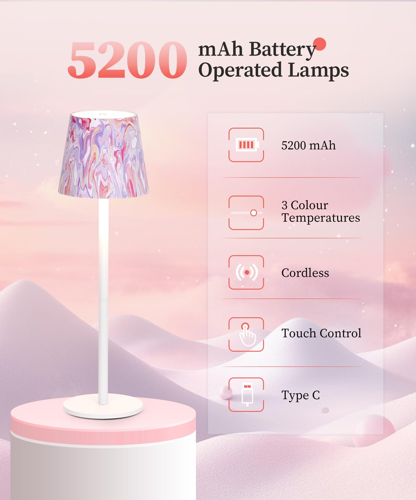 Cordless Table Lamp with 3-Colour Modes & Touch Control