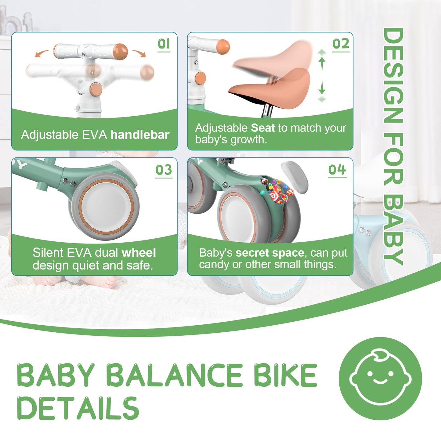 Green Adjustable Baby Balance Bike with Seat Handle