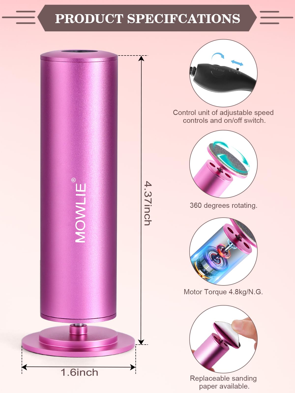 Electric Foot File Pedicure Set with 60 Grinding Discs for Cracked Heels and Callus Removal - Pink