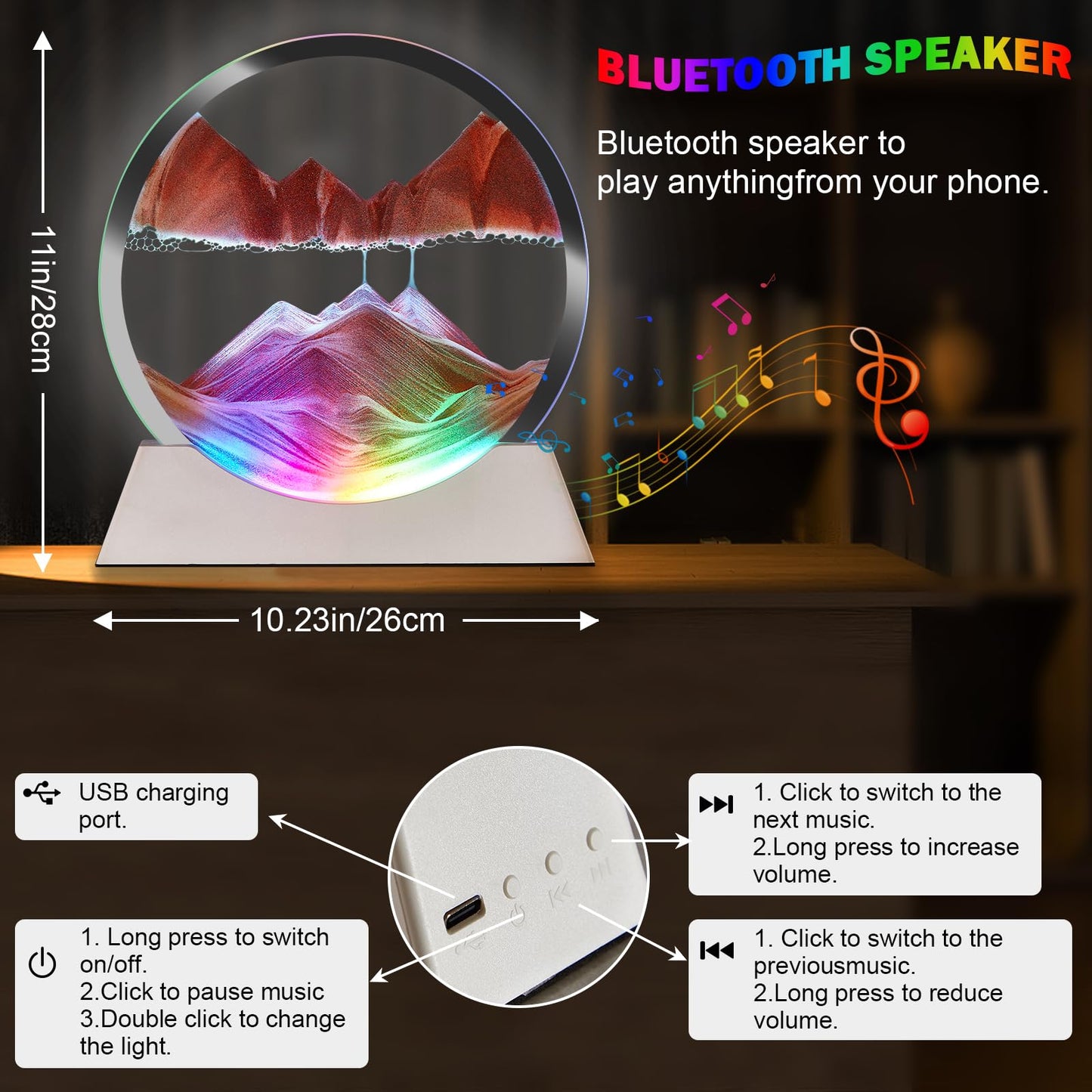 Moving Sand Art Picture with Bluetooth Speaker & RGB Night Light – Red