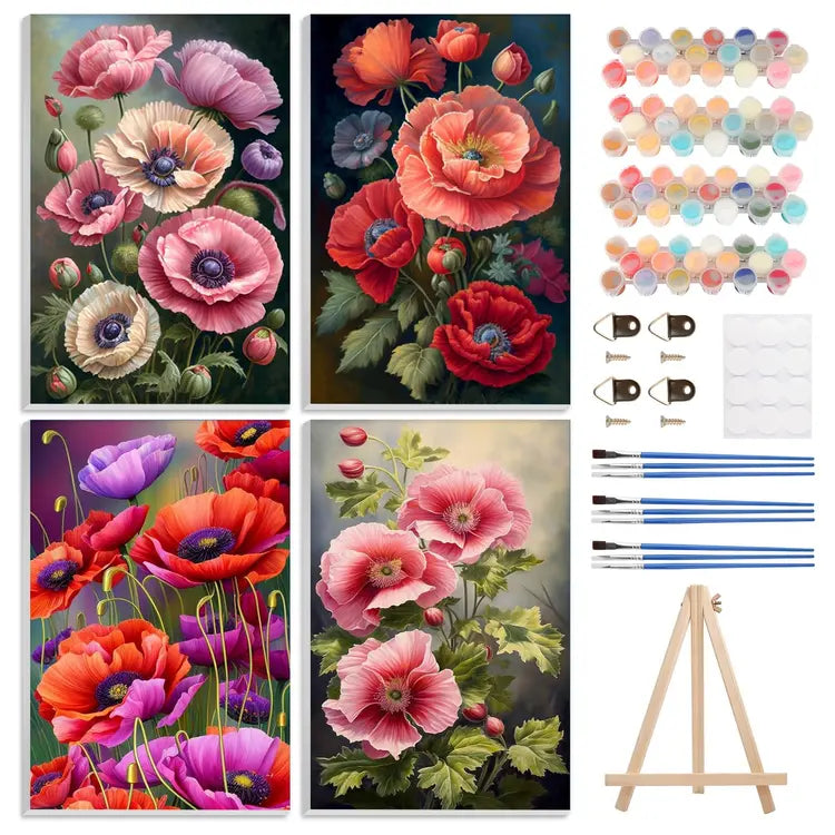 4 Pack Flowers Paint by Numbers Kit with Easel & Framed Canvas, Acrylic Paints & Brushes