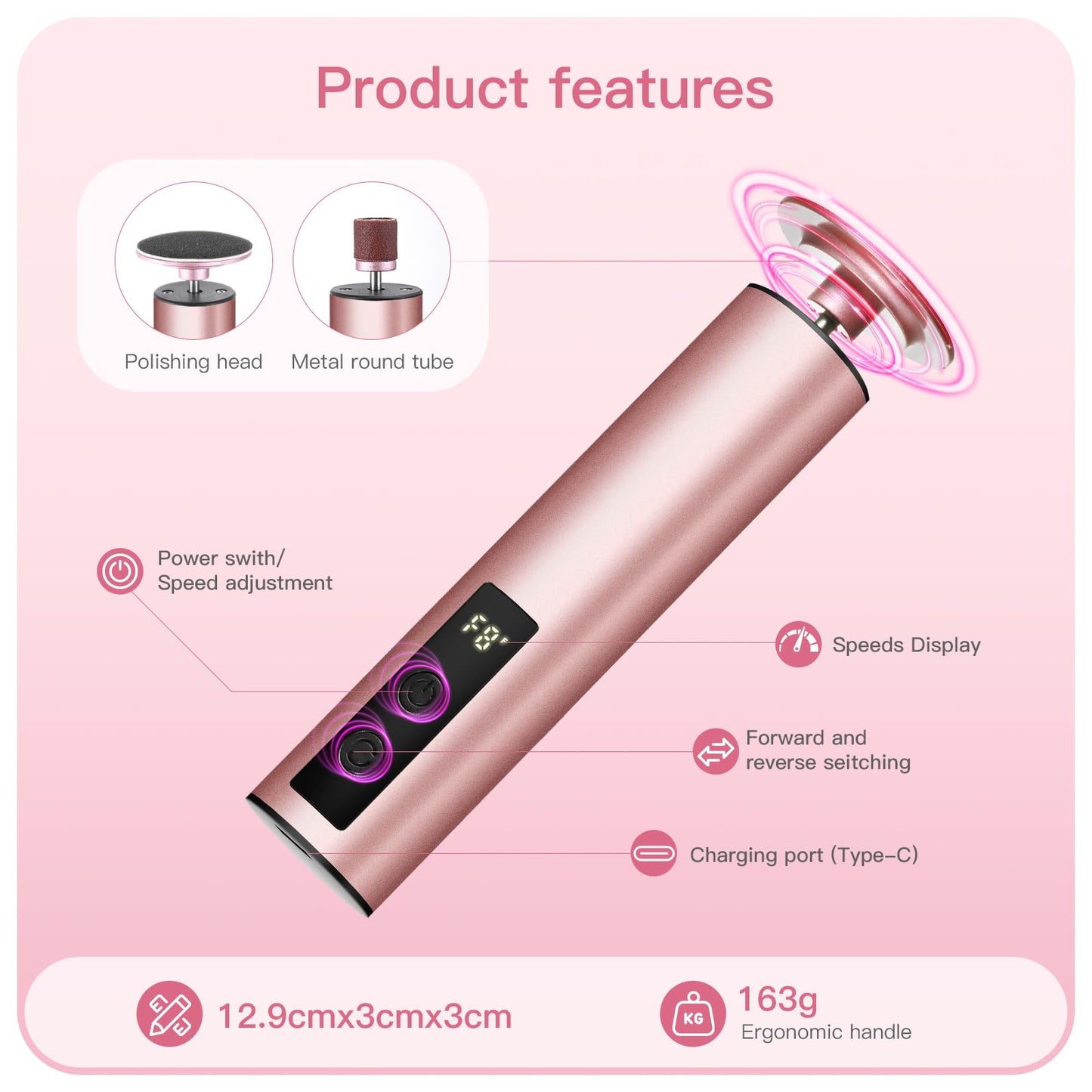 Electric Foot File Callus Remover with 60 Sandpaper Discs - Pink