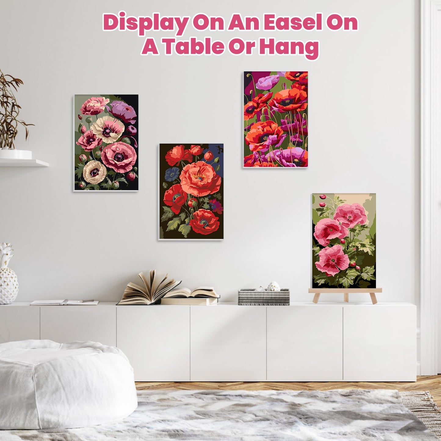 4 Pack Flowers Paint by Numbers Kit with Easel & Framed Canvas, Acrylic Paints & Brushes